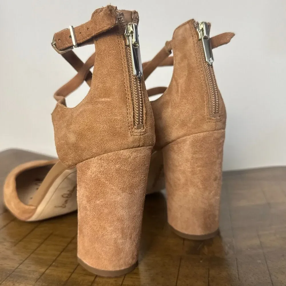 Sam Edelman Nude Suede Party Heels Women's 8 Closed Toe Strappy Pumps